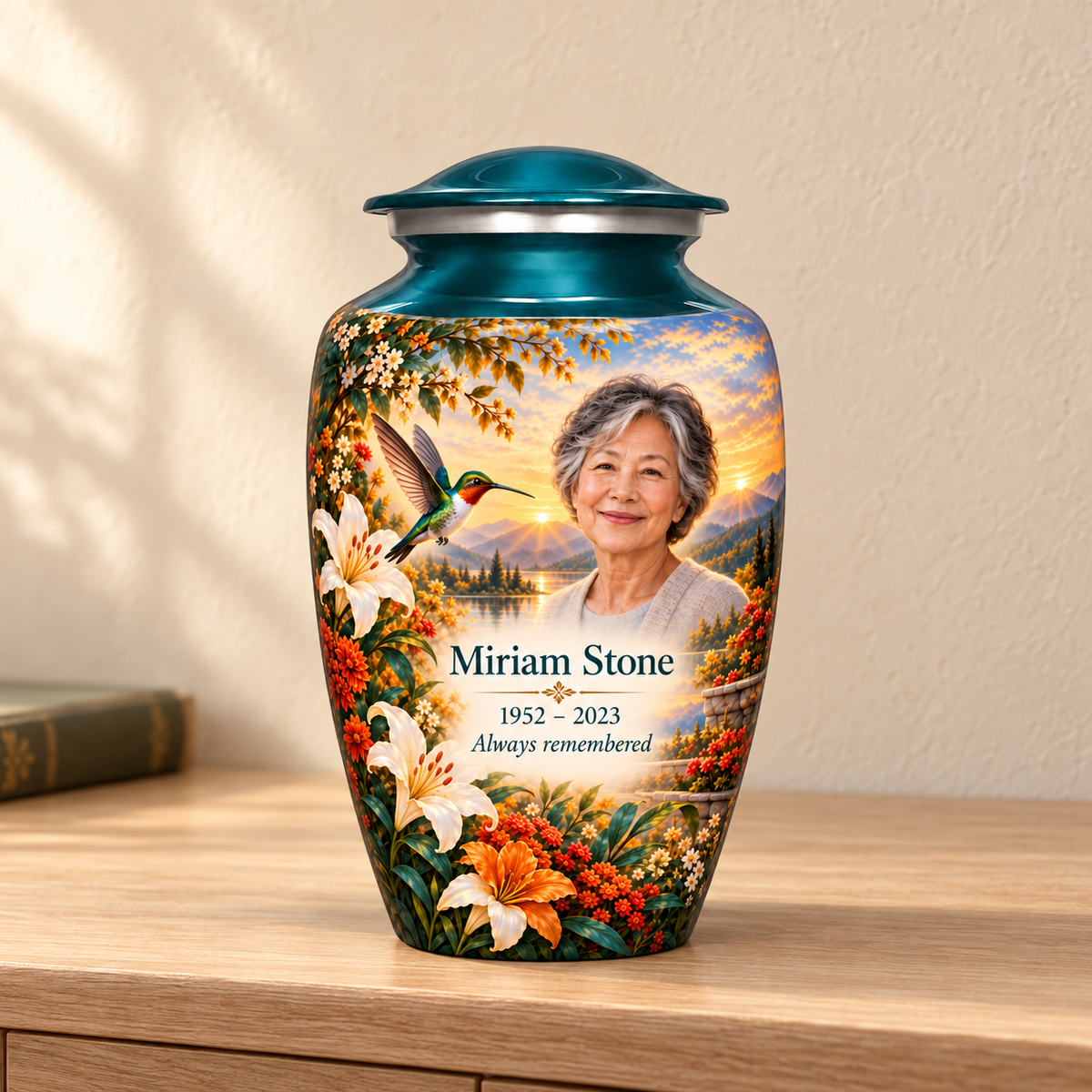 Green hummingbird adult urn with Miriam Stone sample photo and text displayed on a memorial console