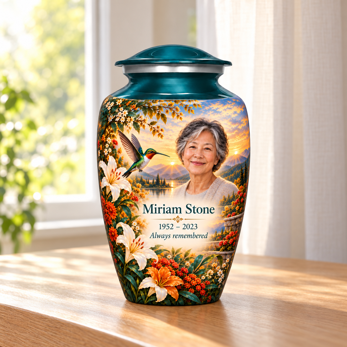 Green hummingbird adult urn with autumn flowers, white lilies and a mountain lake and Miriam Stone sample photo and text in a sunlit home