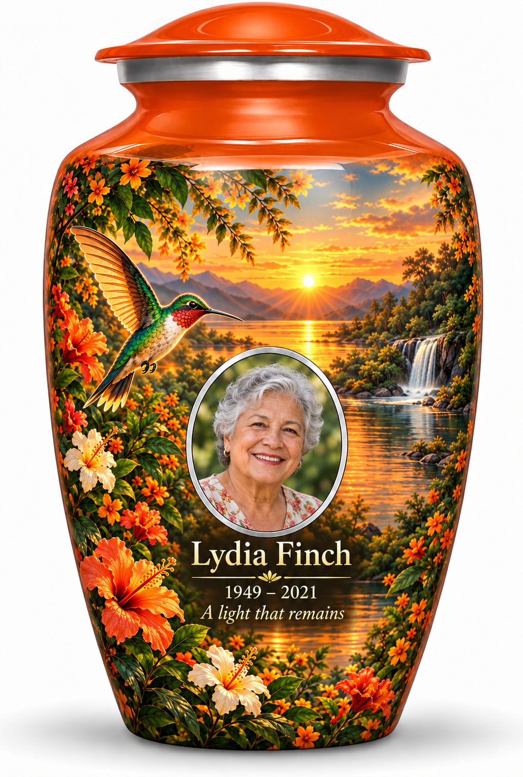 Orange hummingbird adult urn with orange flowers, a sunset lake and waterfall and Lydia Finch sample portrait and personalized text
