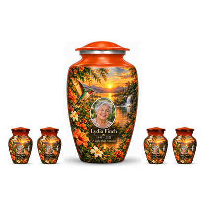 One orange hummingbird adult urn with four matching keepsakes, all with Lydia Finch sample photo and text