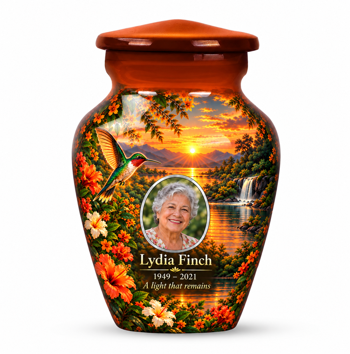 One orange hummingbird keepsake urn with orange flowers, a sunset lake and waterfall and Lydia Finch sample photo and text