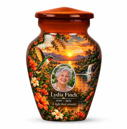 One orange hummingbird keepsake urn with orange flowers, a sunset lake and waterfall and Lydia Finch sample photo and text
