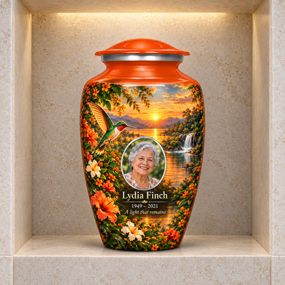 Orange hummingbird adult urn with Lydia Finch sample photo and text displayed in a stone columbarium niche