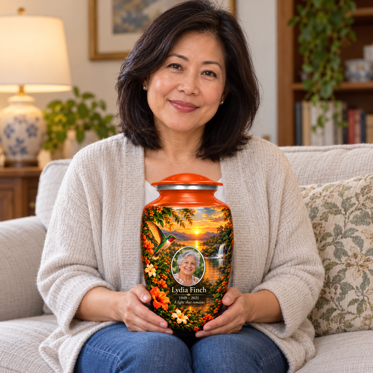 A seated person holding the orange hummingbird adult urn with Lydia Finch sample photo and text
