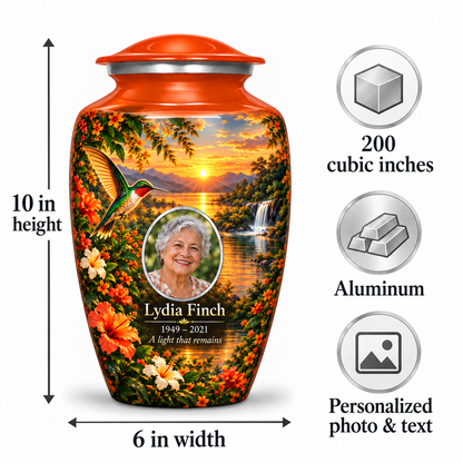 Orange hummingbird adult urn size guide showing 10 inch height, 6 inch width, 200 cubic inches, Aluminum and personalized photo and text