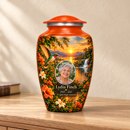 Orange hummingbird adult urn with Lydia Finch sample photo and text displayed on a memorial console