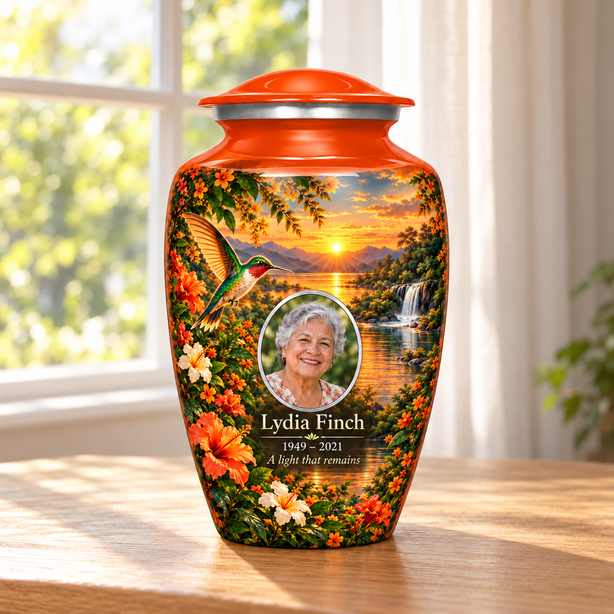Orange hummingbird adult urn with orange flowers, a sunset lake and waterfall and Lydia Finch sample photo and text in a sunlit home