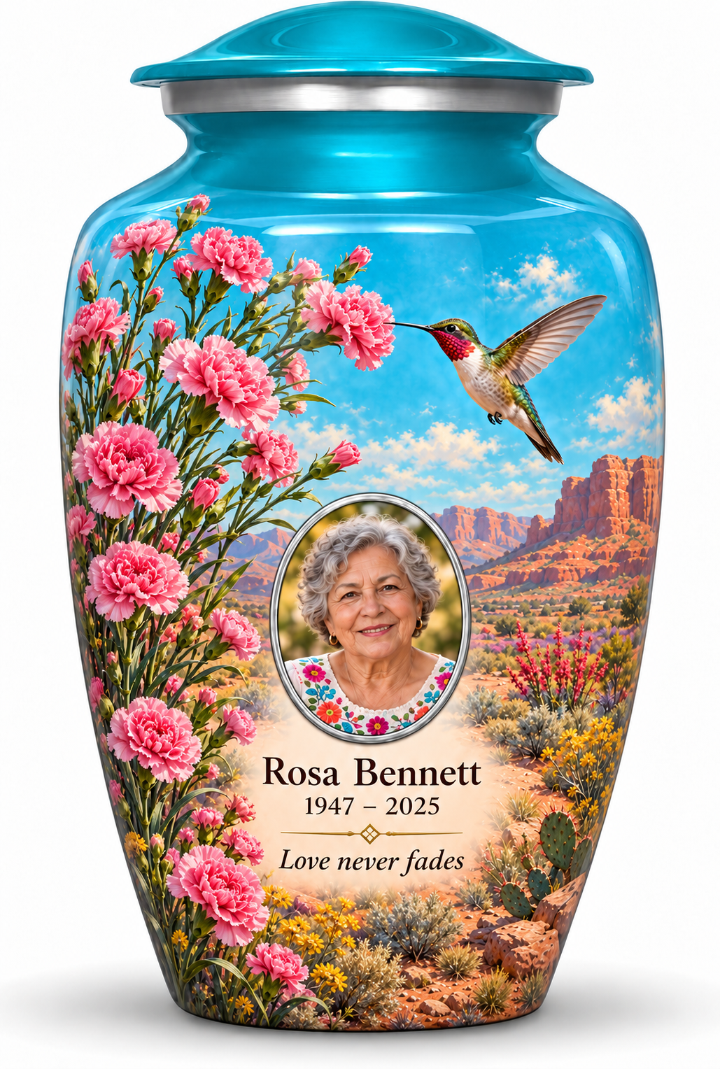 Blue hummingbird adult urn with pink carnations and desert mesas and Rosa Bennett sample portrait and personalized text