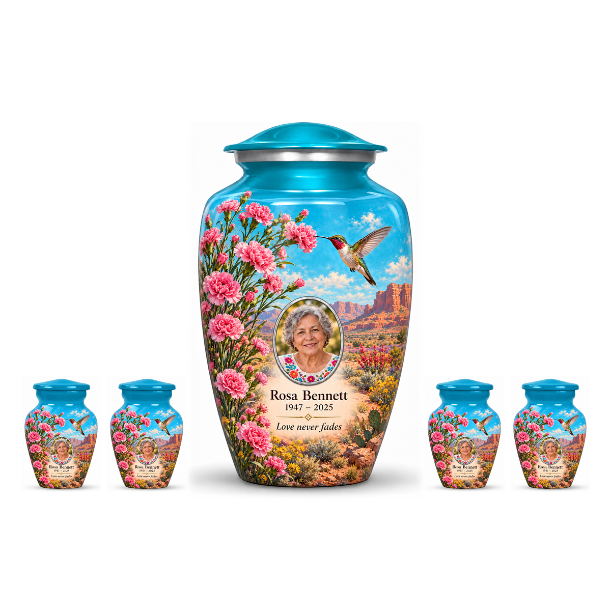 One blue hummingbird adult urn with four matching keepsakes, all with Rosa Bennett sample photo and text