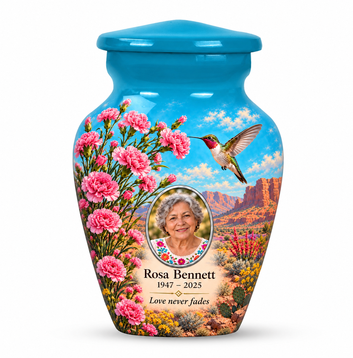 One blue hummingbird keepsake urn with pink carnations and desert mesas and Rosa Bennett sample photo and text