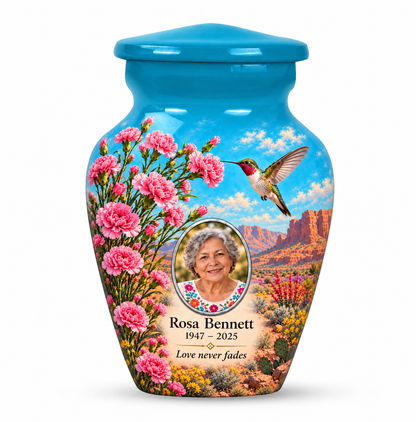 One blue hummingbird keepsake urn with pink carnations and desert mesas and Rosa Bennett sample photo and text