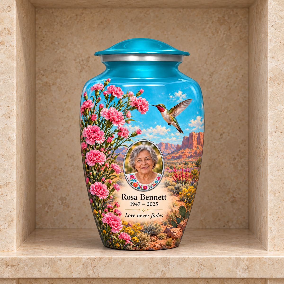 Blue hummingbird adult urn with Rosa Bennett sample photo and text displayed in a stone columbarium niche