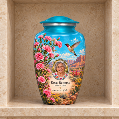 Blue hummingbird adult urn with Rosa Bennett sample photo and text displayed in a stone columbarium niche
