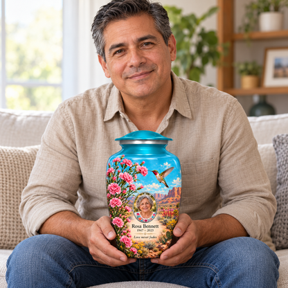A seated person holding the blue hummingbird adult urn with Rosa Bennett sample photo and text