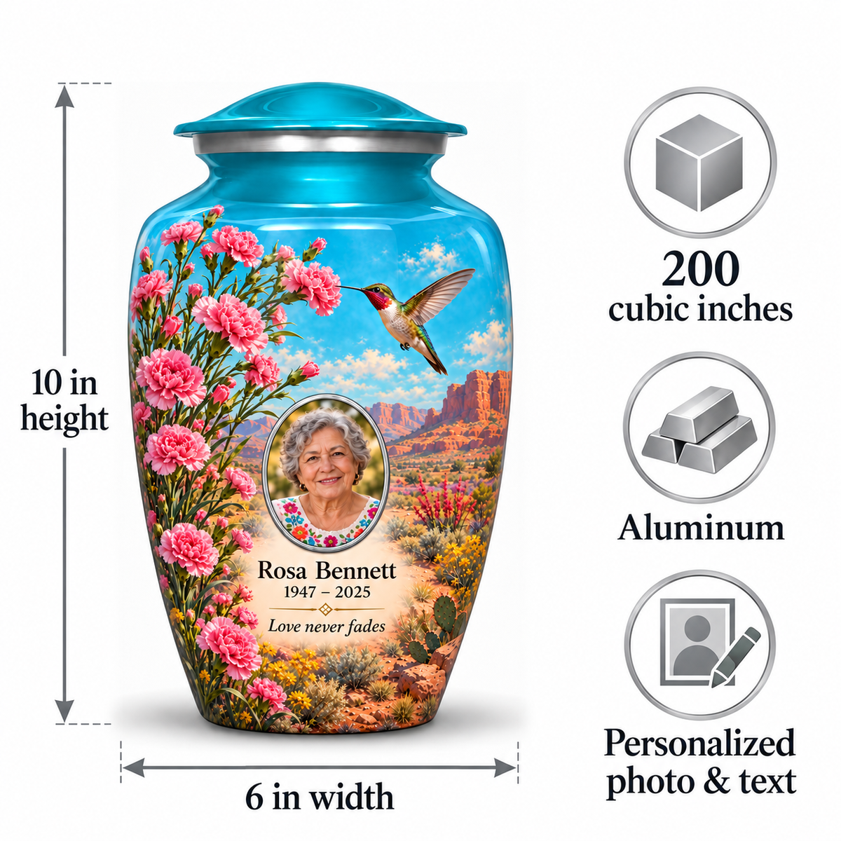 Blue hummingbird adult urn size guide showing 10 inch height, 6 inch width, 200 cubic inches, Aluminum and personalized photo and text