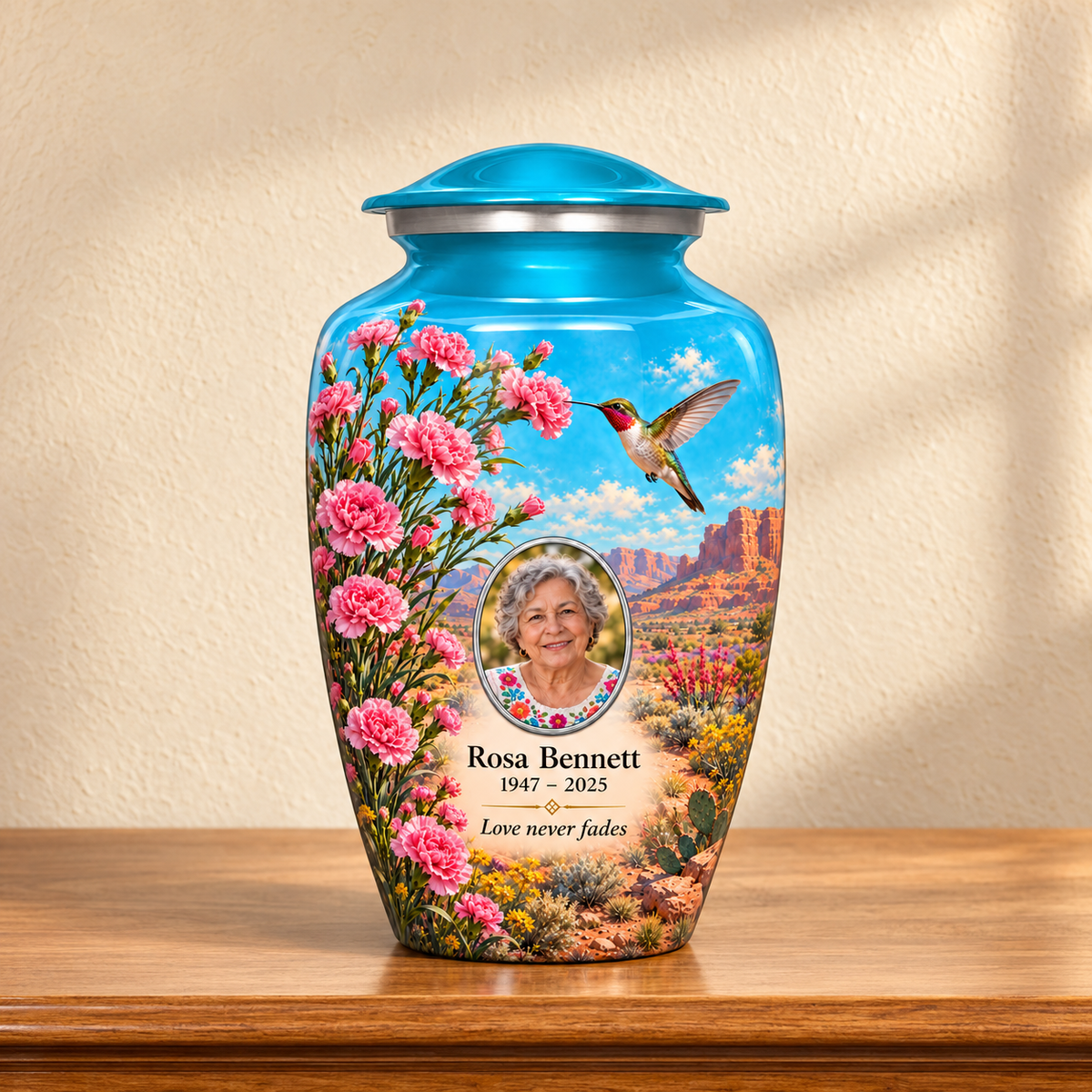 Blue hummingbird adult urn with Rosa Bennett sample photo and text displayed on a memorial console