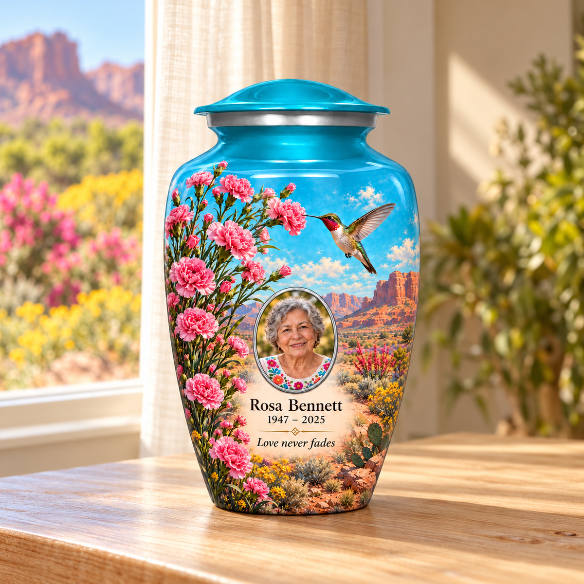 Blue hummingbird adult urn with pink carnations and desert mesas and Rosa Bennett sample photo and text in a sunlit home