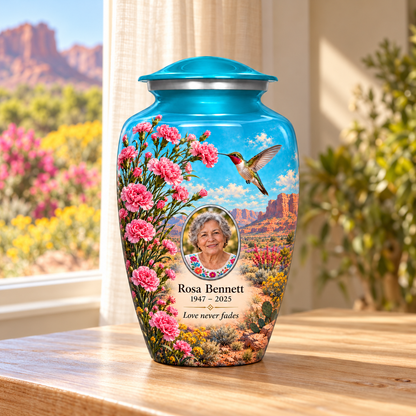 Blue hummingbird adult urn with pink carnations and desert mesas and Rosa Bennett sample photo and text in a sunlit home