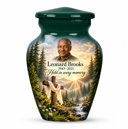 One green cross keepsake urn with a sunlit woodland stream, sample portrait and tribute on white.