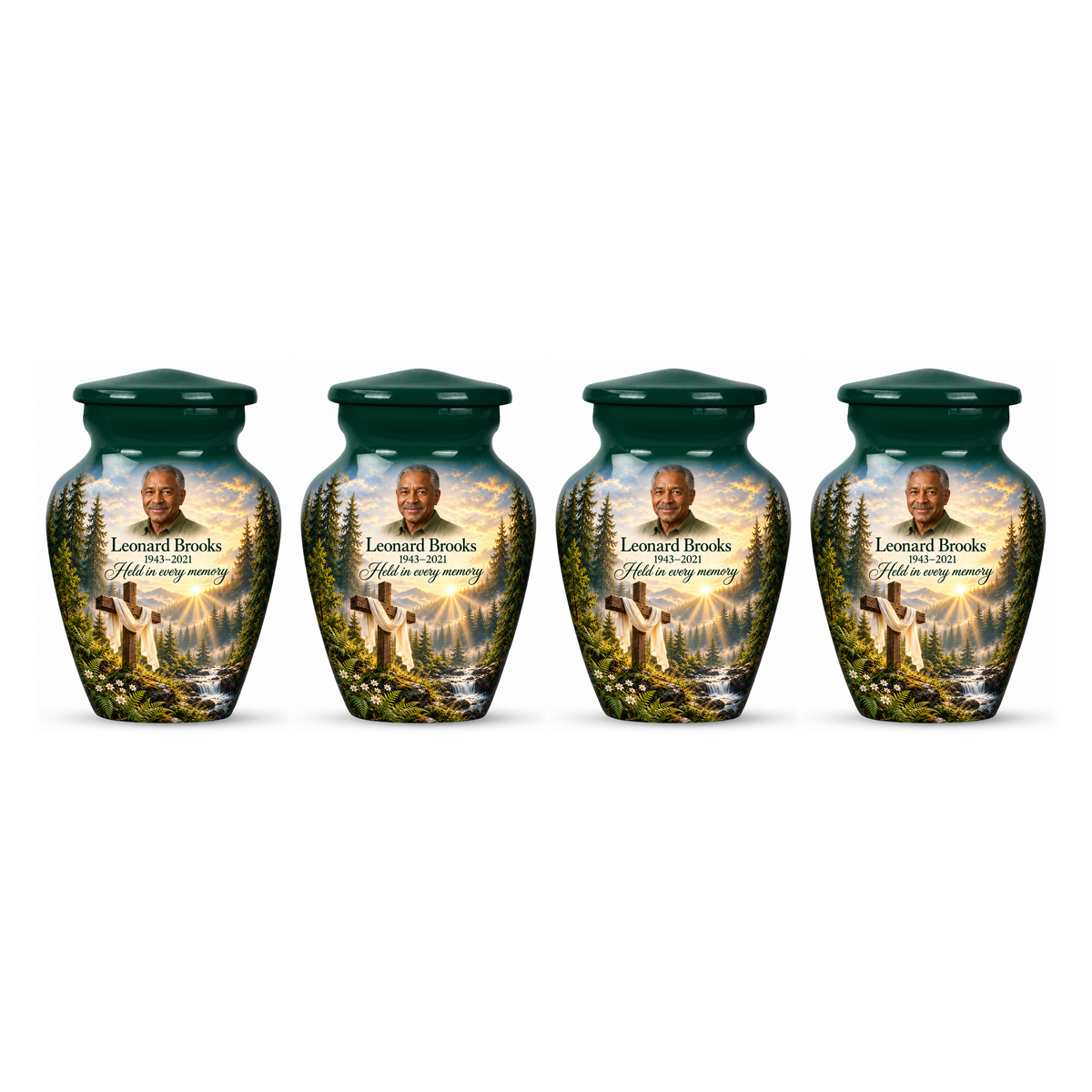Four matching green cross keepsake urns with a sunlit woodland stream arranged on white.