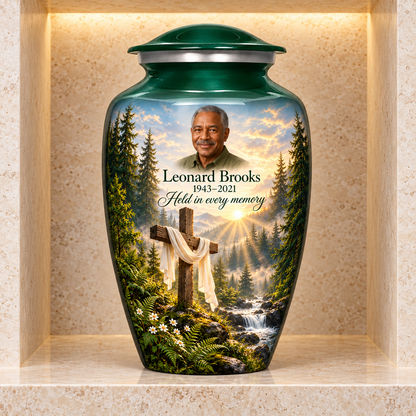 Green adult cross urn with a sunlit woodland stream displayed in a stone columbarium niche.