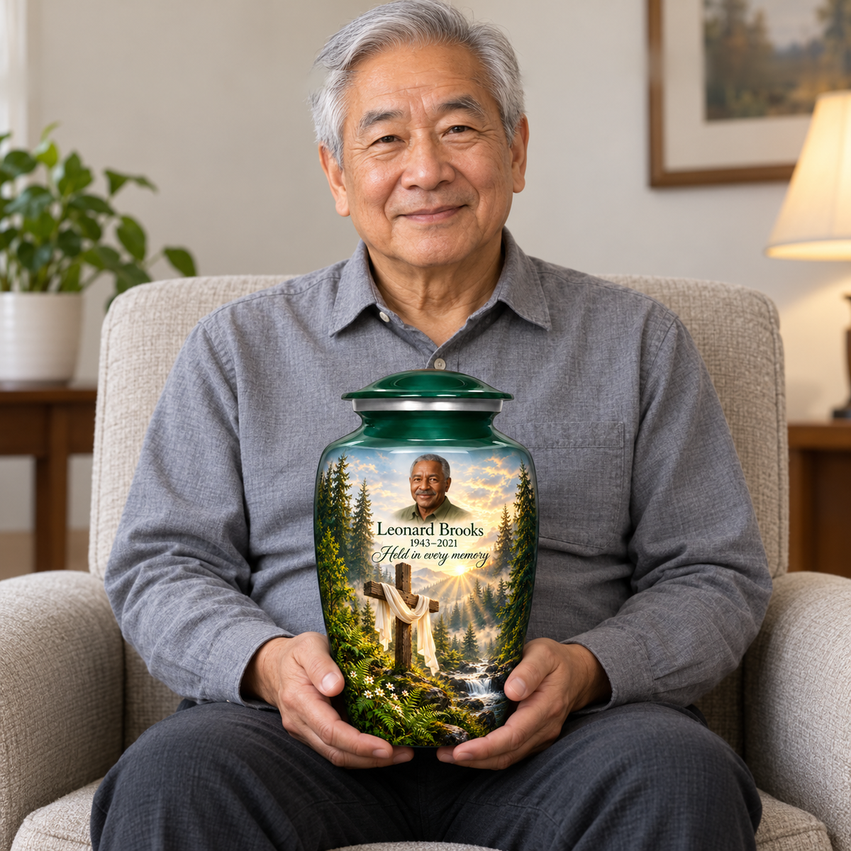 A seated person holding the green cross urn with a sunlit woodland stream on their lap.