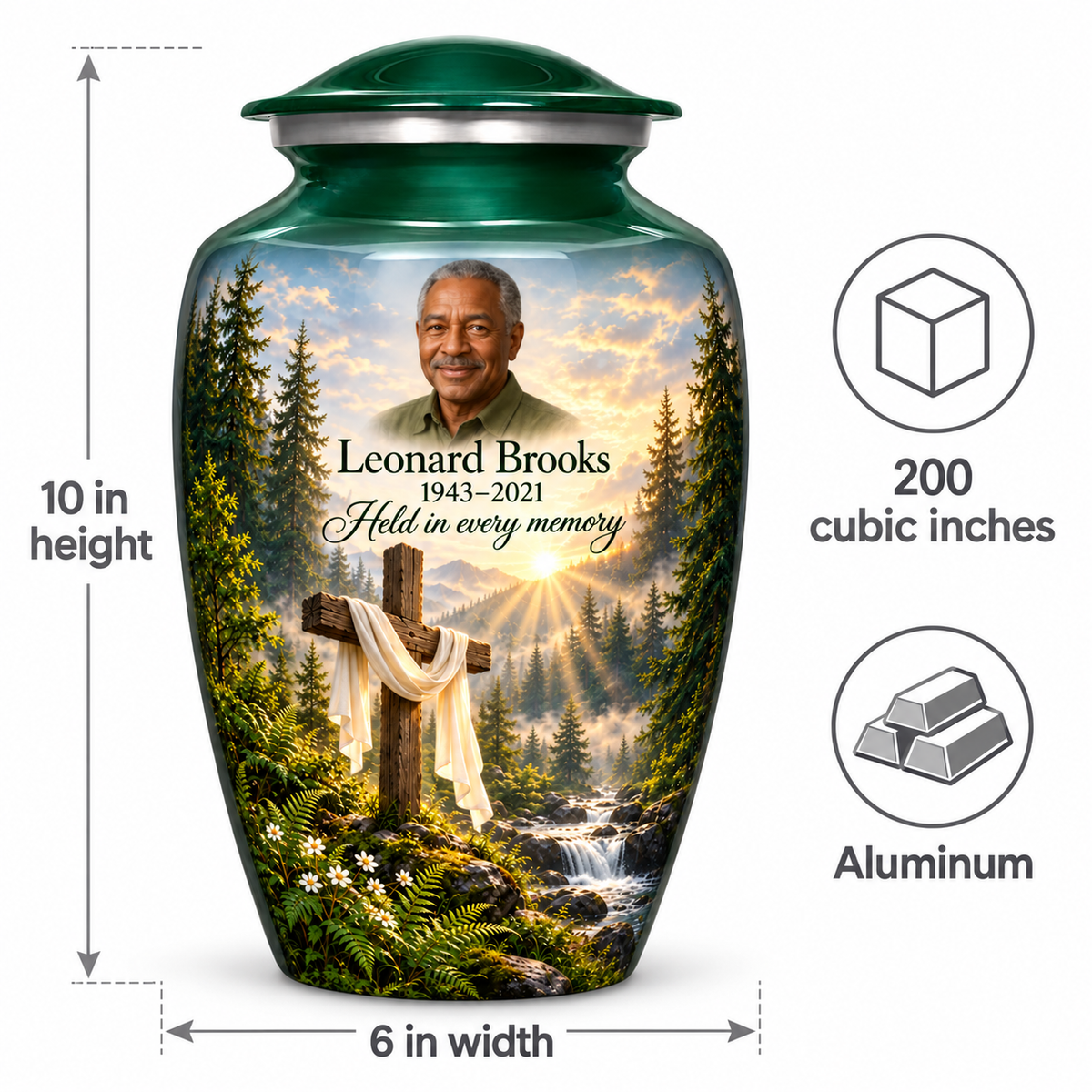 Green cross urn size guide: adult height 10 inches, width 6 inches and capacity 200 cubic inches.