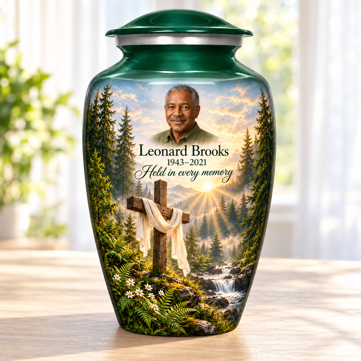 Green adult cross urn with a sunlit woodland stream beside a sunlit window.