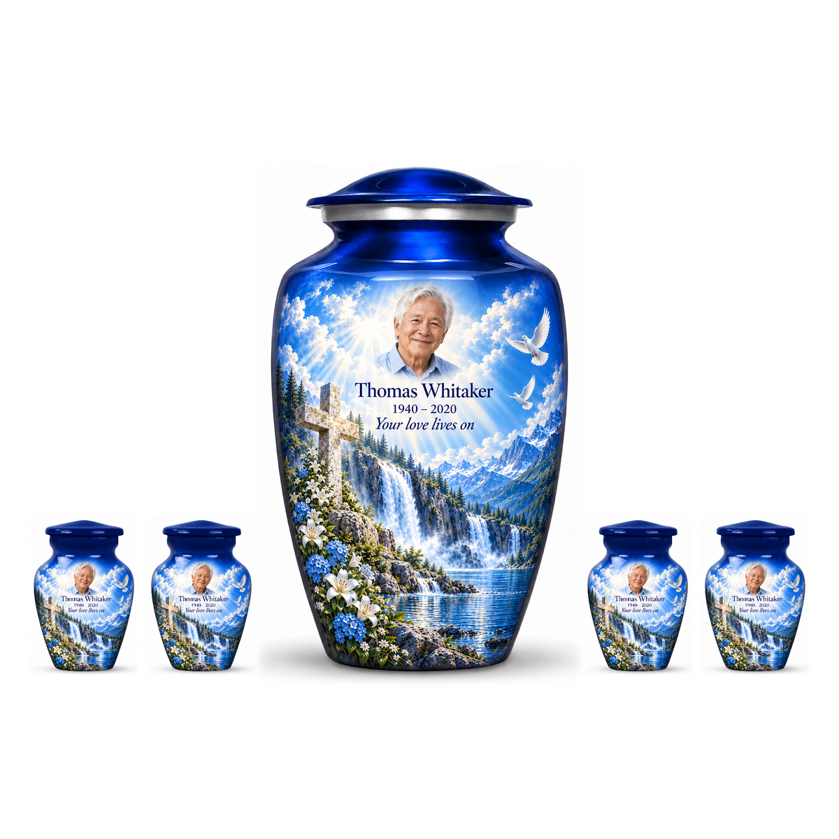 One blue adult cross urn and four keepsakes with blue waterfalls and white flowers arranged on white.
