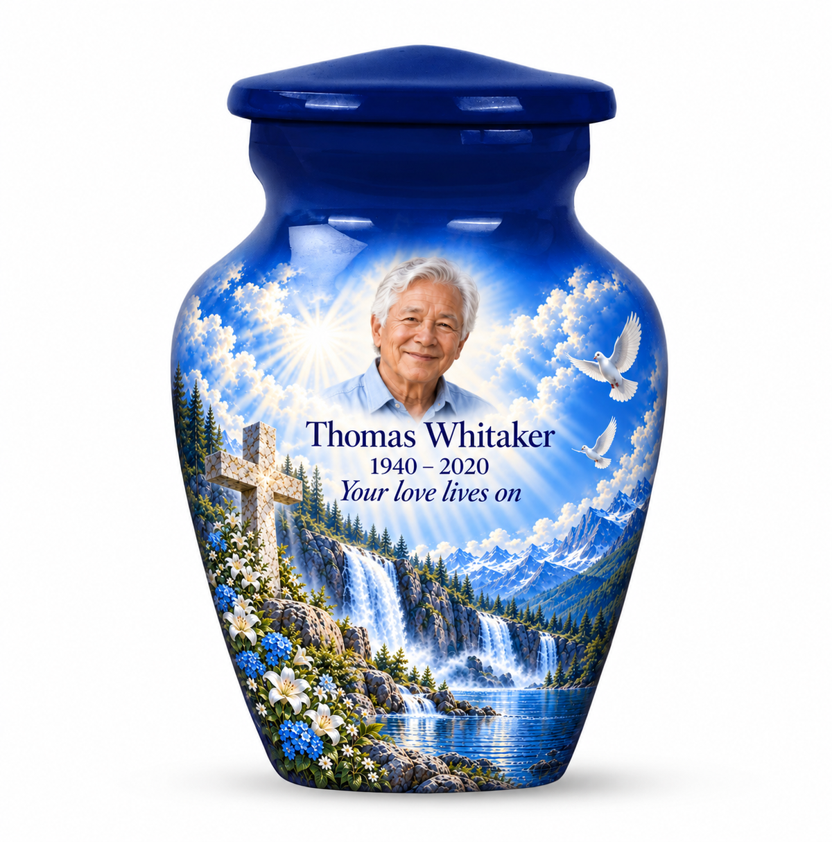 One blue cross keepsake urn with blue waterfalls and white flowers, sample portrait and tribute on white.