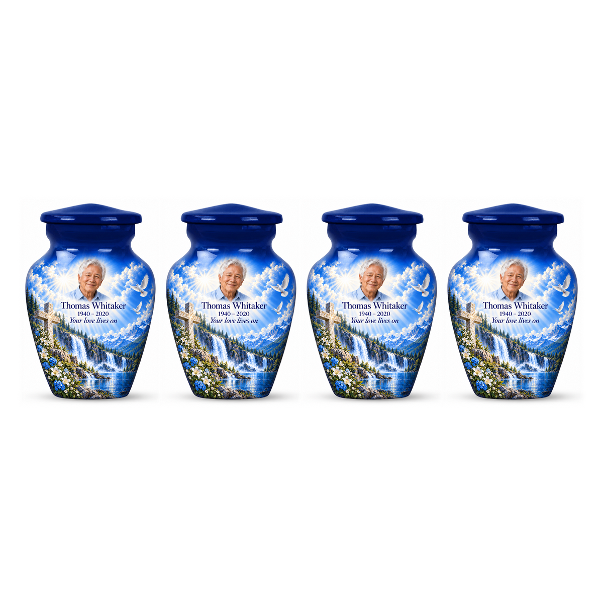 Four matching blue cross keepsake urns with blue waterfalls and white flowers arranged on white.