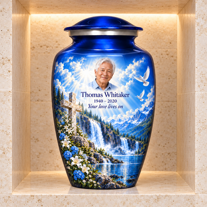 Blue adult cross urn with blue waterfalls and white flowers displayed in a stone columbarium niche.