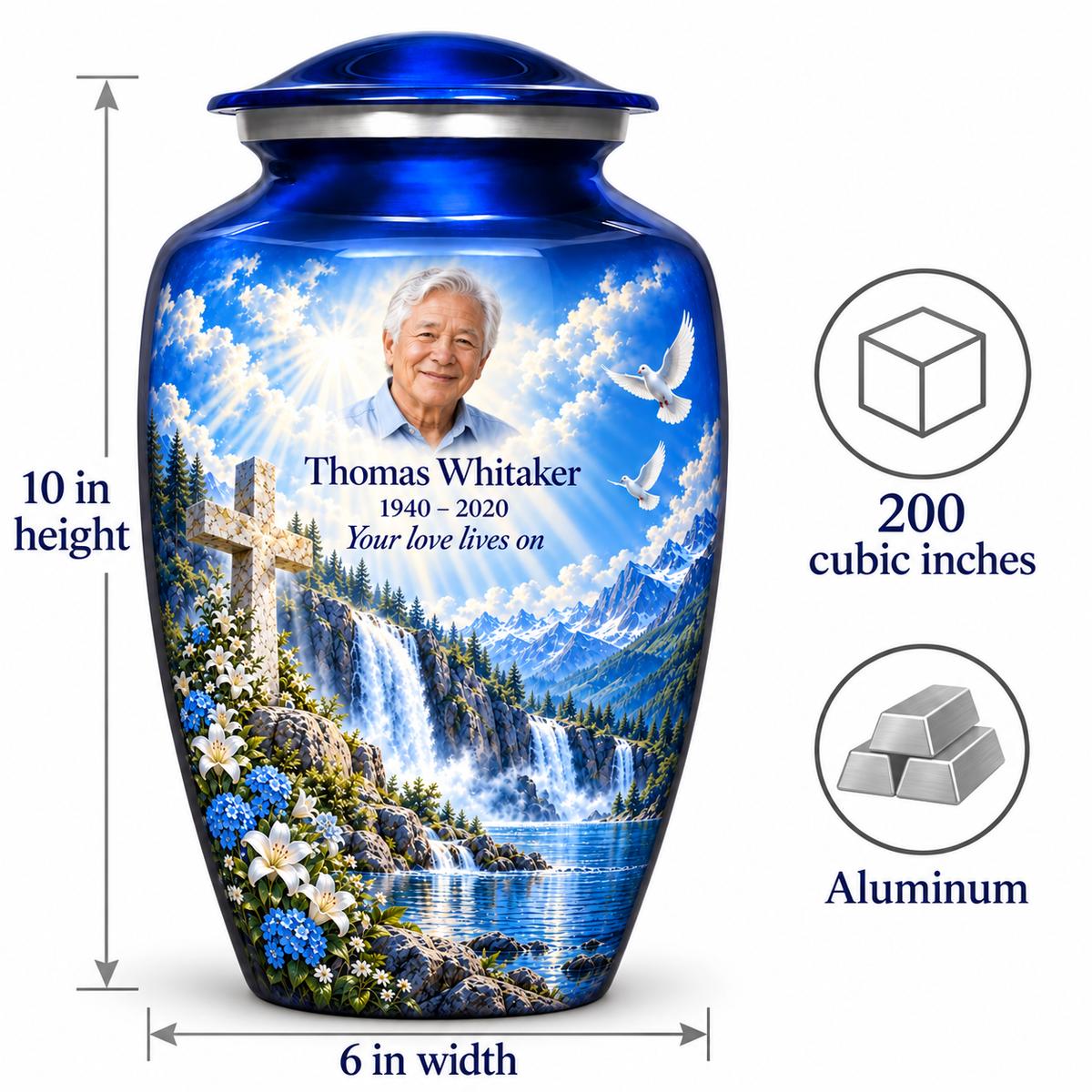 Blue cross urn size guide: adult height 10 inches, width 6 inches and capacity 200 cubic inches.