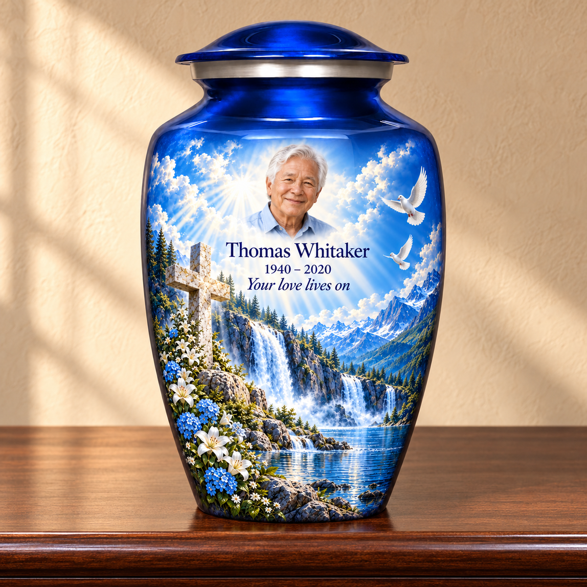 Blue adult cross urn with blue waterfalls and white flowers displayed on a memorial console.