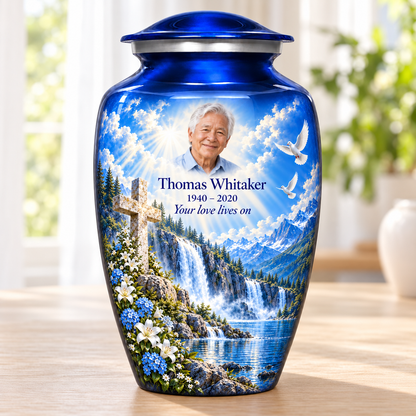 Blue adult cross urn with blue waterfalls and white flowers beside a sunlit window.