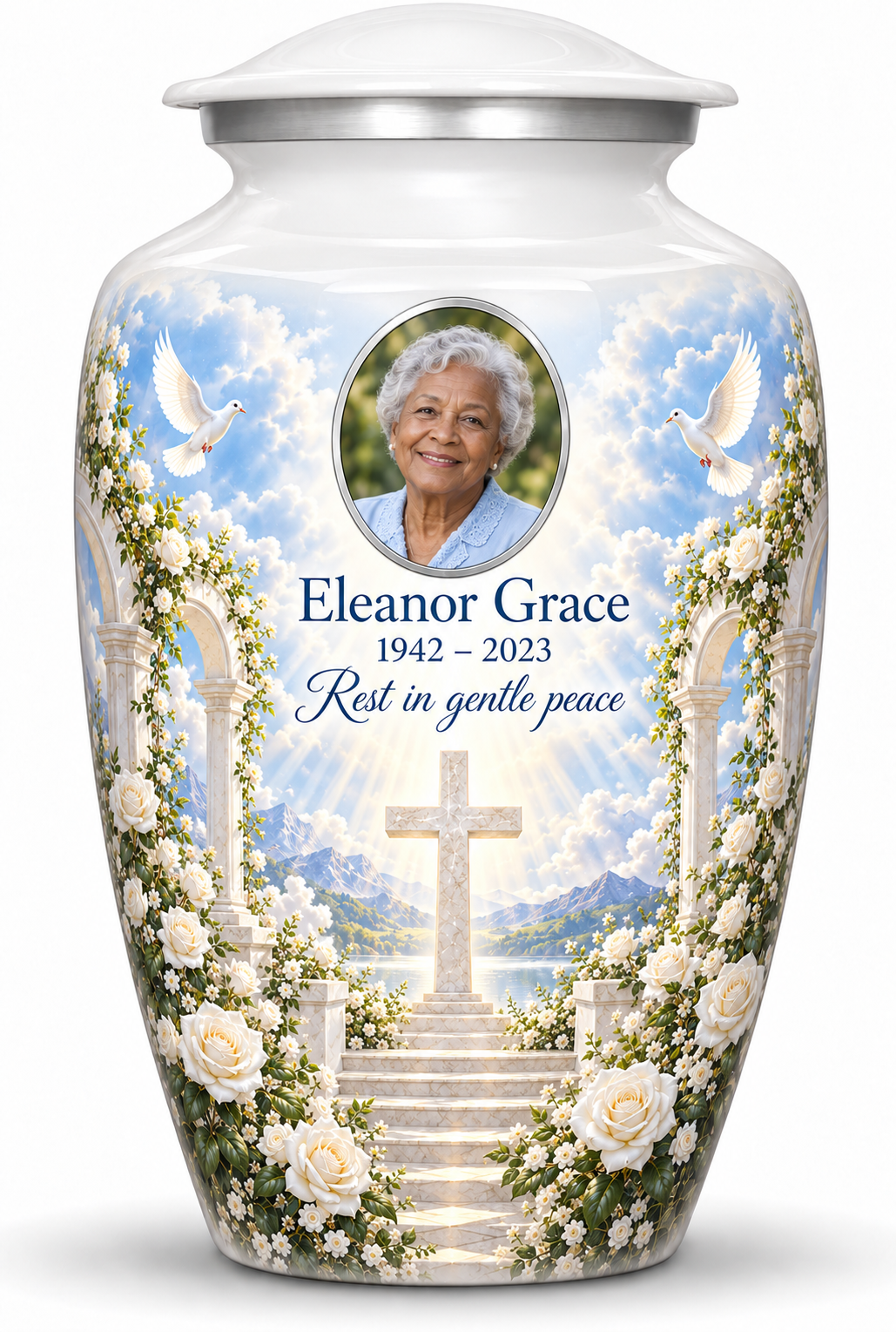 White adult cross urn with white roses and garden steps, sample portrait and tribute on white.
