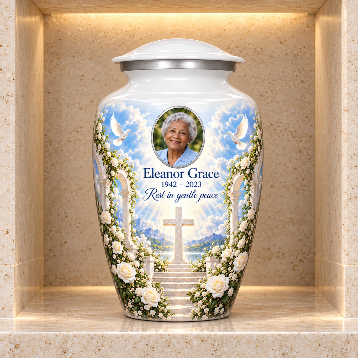 White adult cross urn with white roses and garden steps displayed in a stone columbarium niche.
