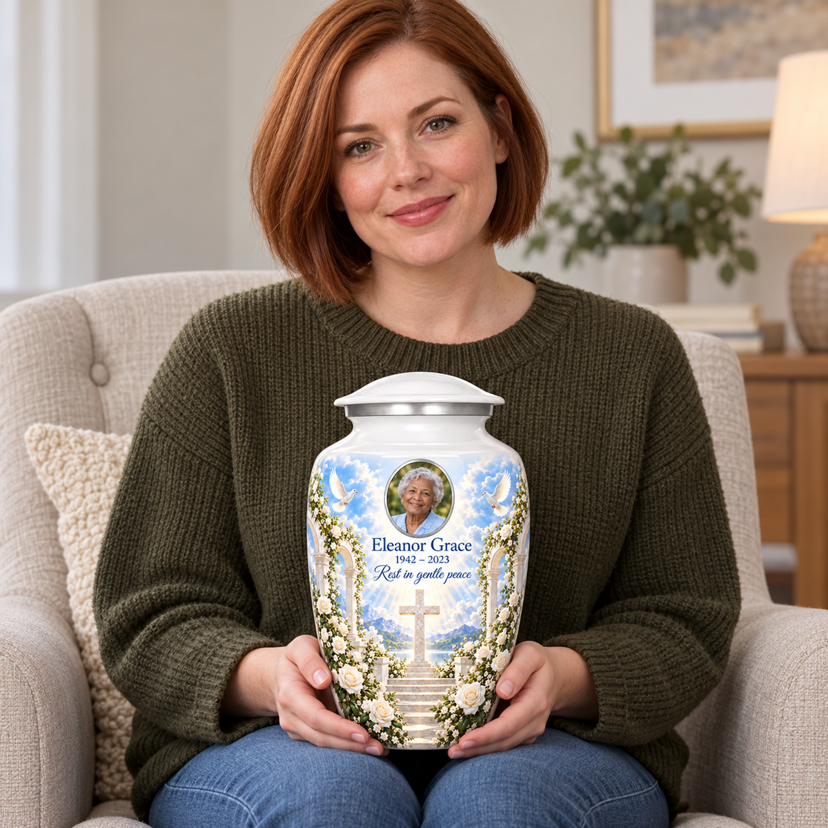 A seated person holding the white cross urn with white roses and garden steps on their lap.