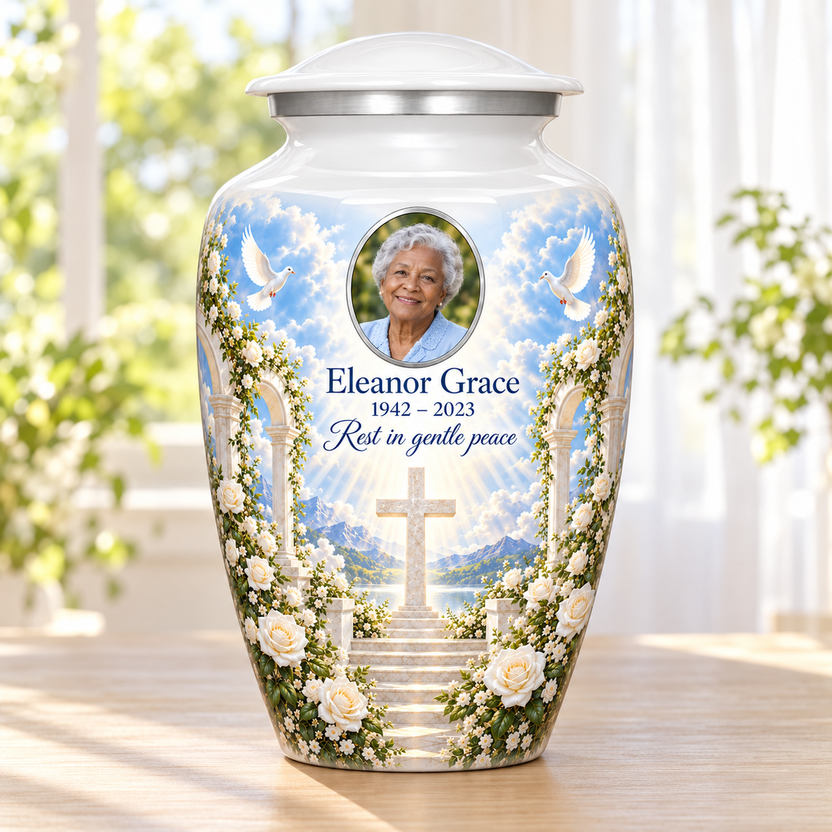 White adult cross urn with white roses and garden steps beside a sunlit window.