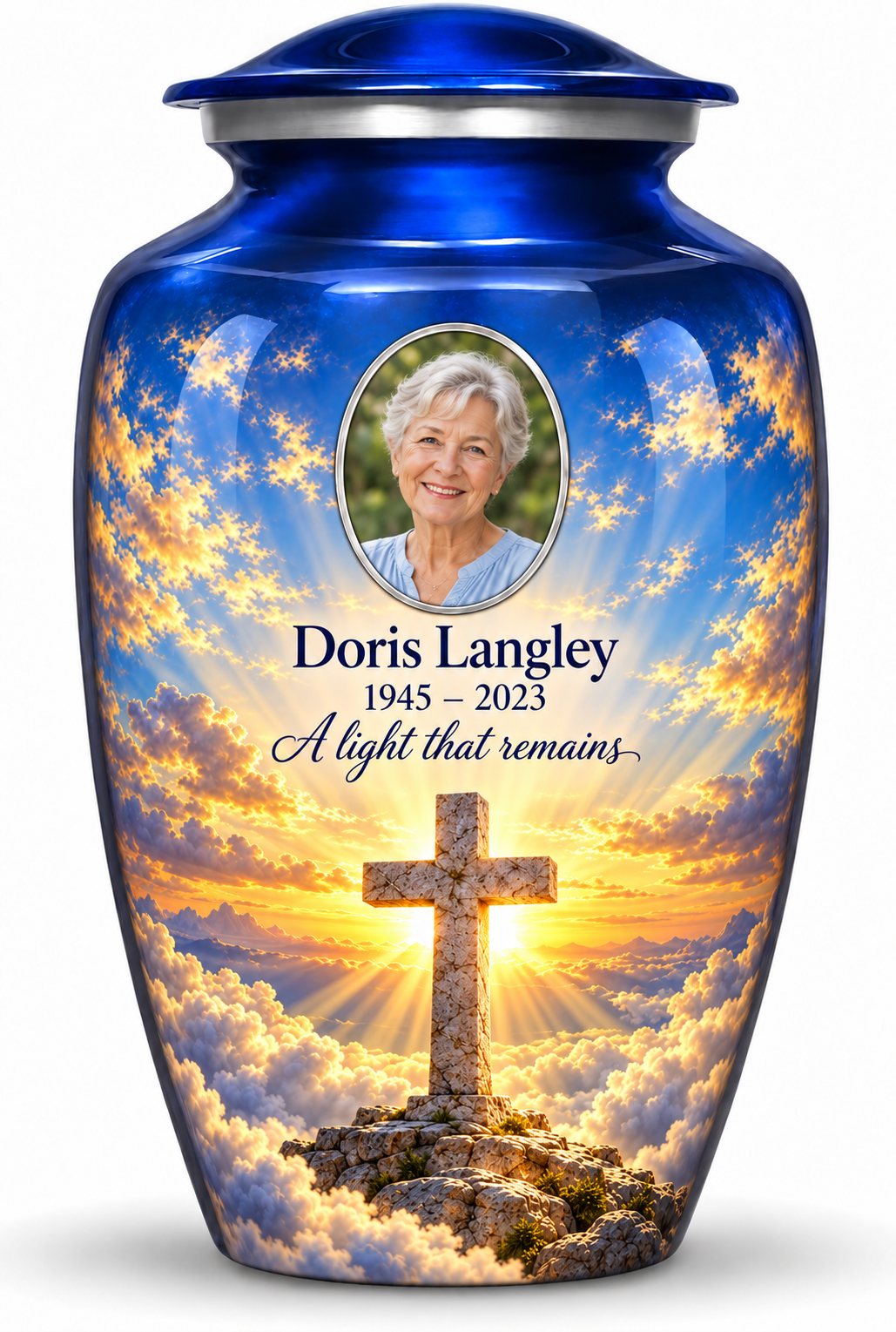 Blue adult cross urn with golden sunlight and clouds, sample portrait and tribute on white.