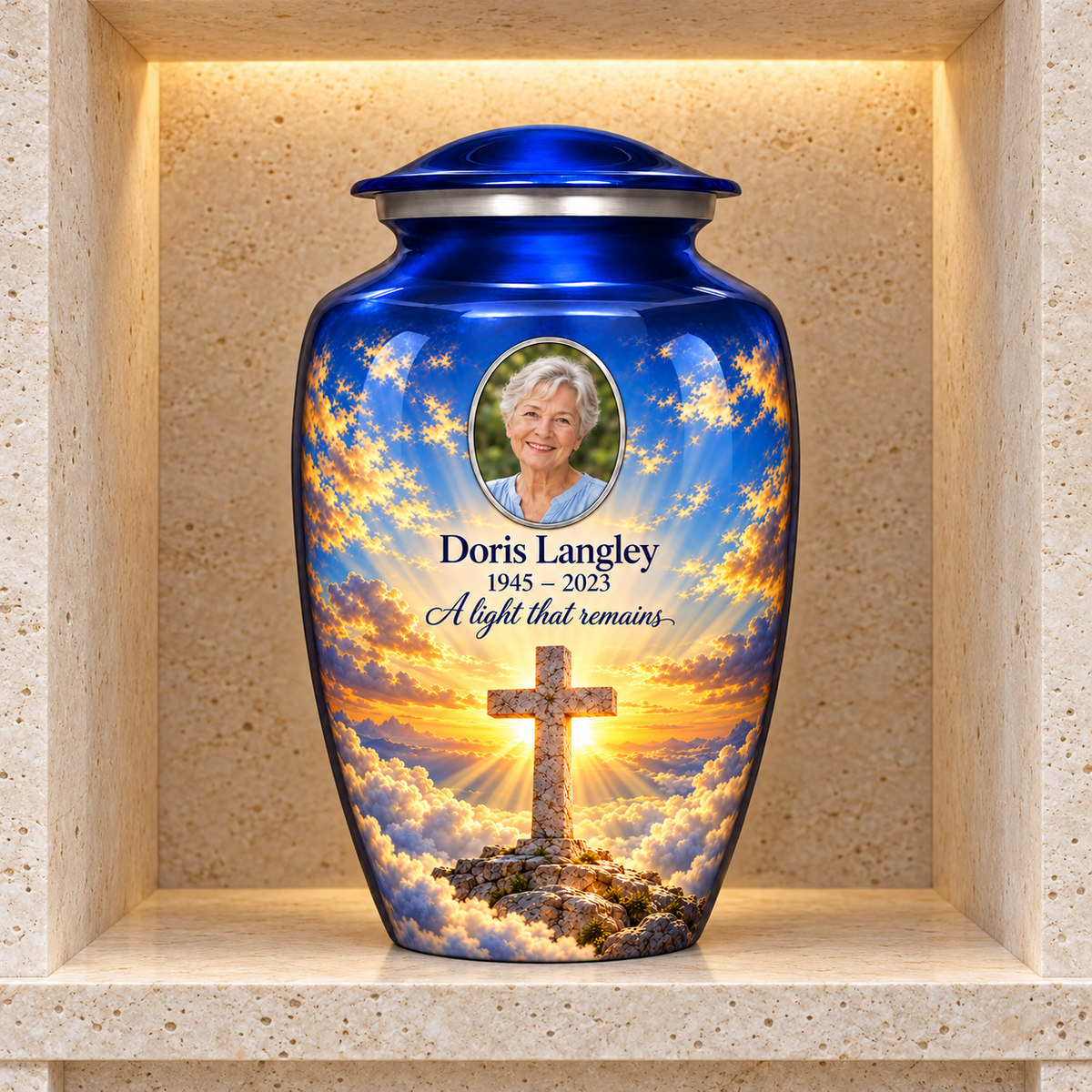 Blue adult cross urn with golden sunlight and clouds displayed in a stone columbarium niche.