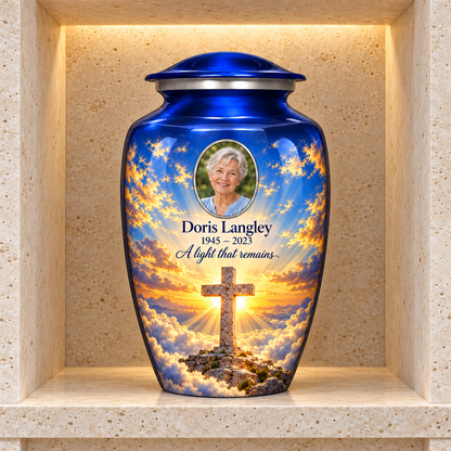 Blue adult cross urn with golden sunlight and clouds displayed in a stone columbarium niche.