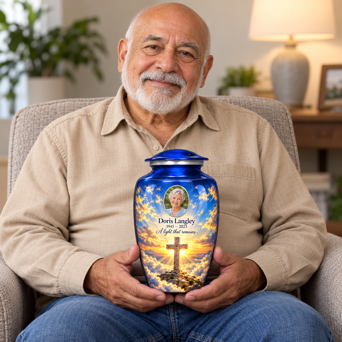 A seated person holding the blue cross urn with golden sunlight and clouds on their lap.