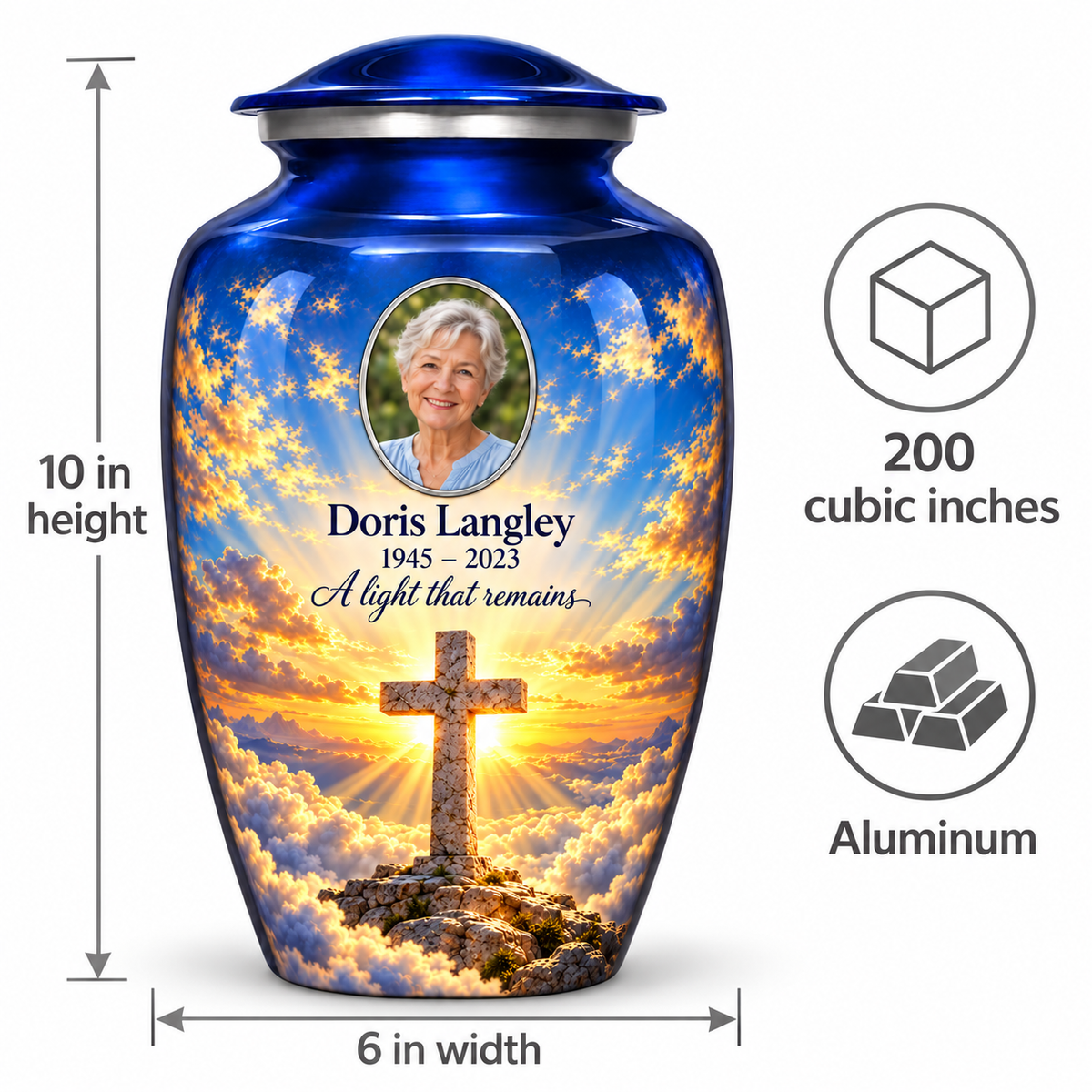 Blue cross urn size guide: adult height 10 inches, width 6 inches and capacity 200 cubic inches.