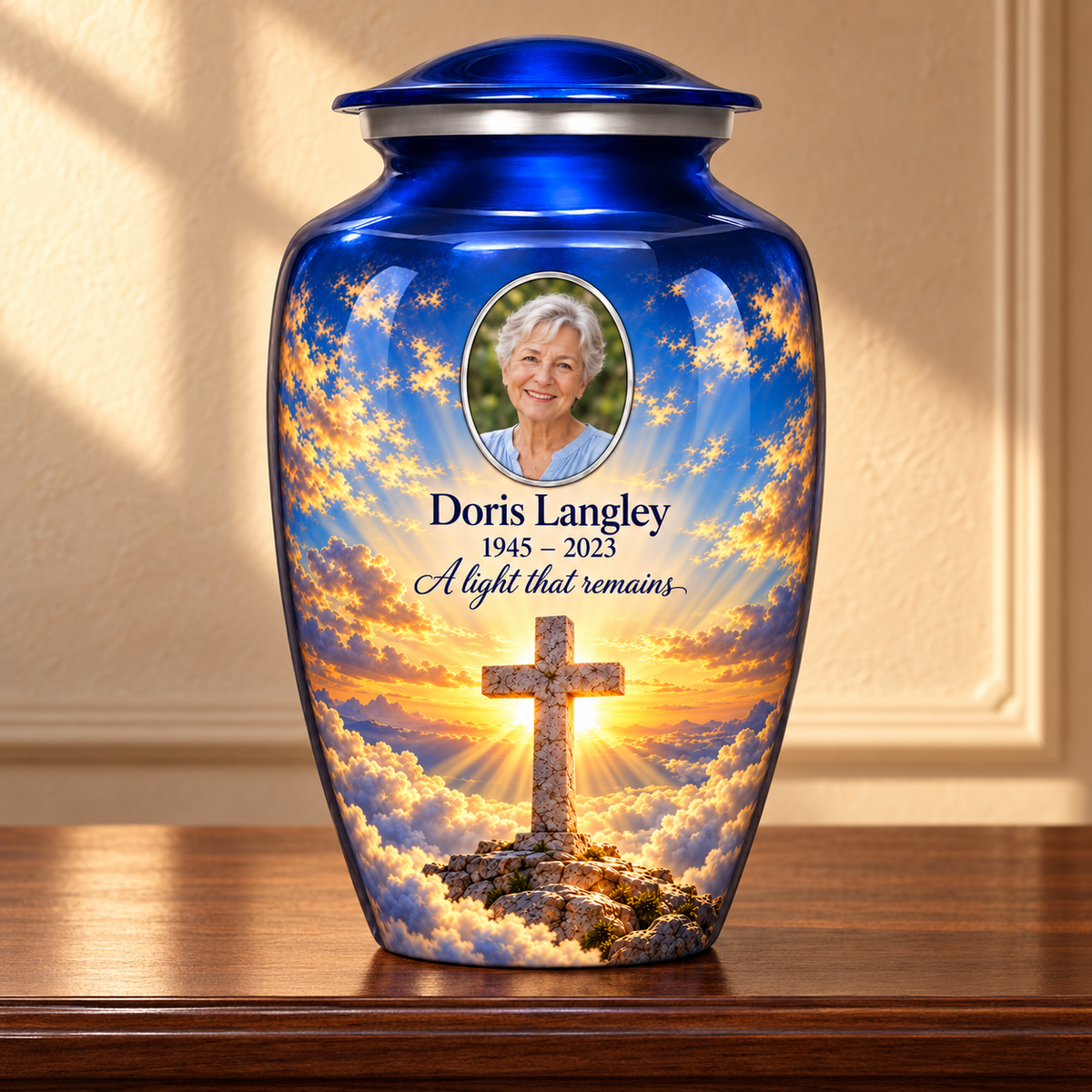 Blue adult cross urn with golden sunlight and clouds displayed on a memorial console.