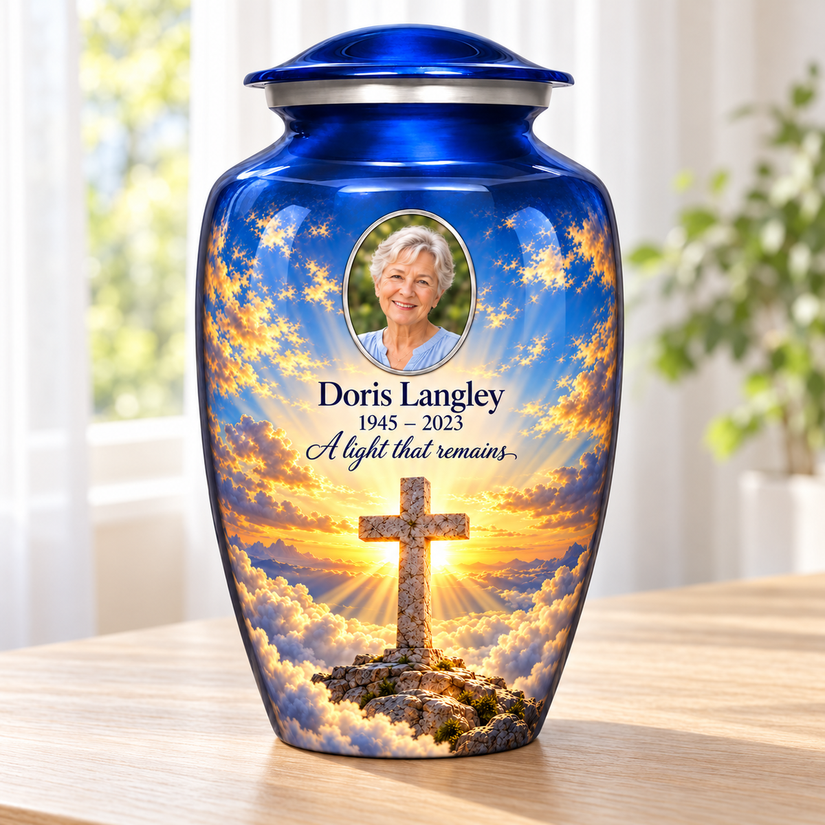 Blue adult cross urn with golden sunlight and clouds beside a sunlit window.