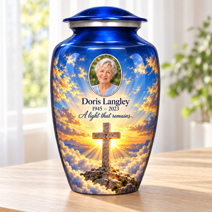 Blue adult cross urn with golden sunlight and clouds beside a sunlit window.
