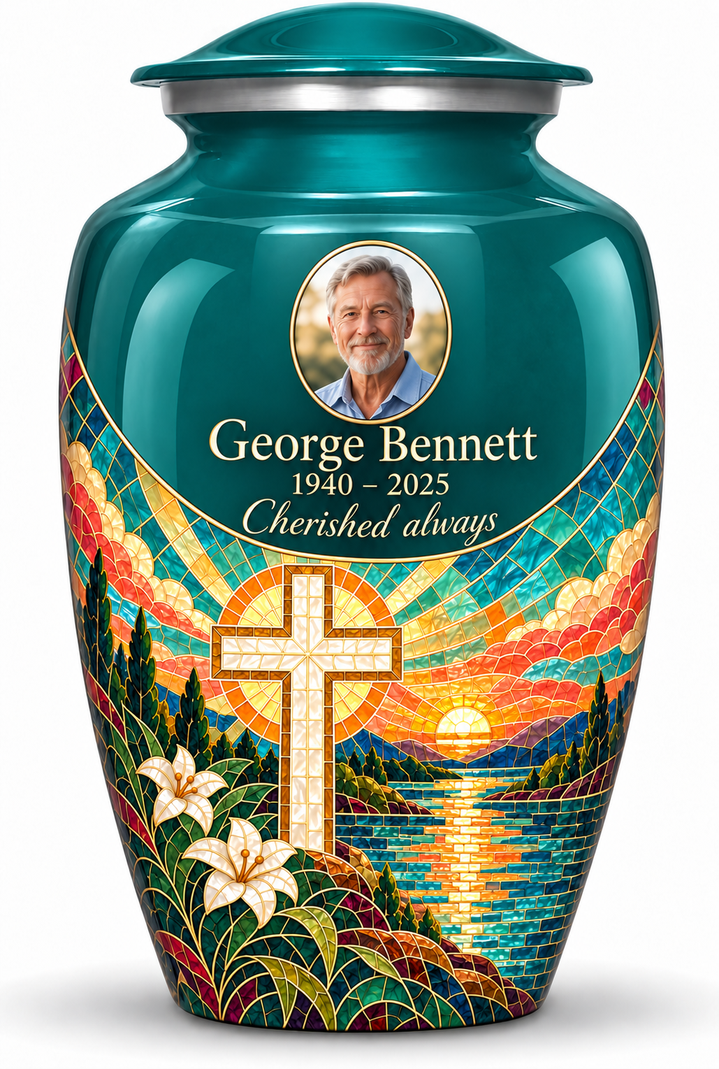 Green adult cross urn with a printed sunset mosaic, sample portrait and tribute on white.