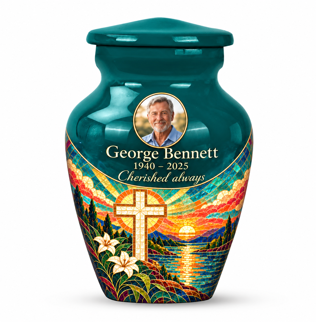 One green cross keepsake urn with a printed sunset mosaic, sample portrait and tribute on white.