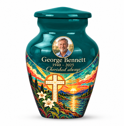 One green cross keepsake urn with a printed sunset mosaic, sample portrait and tribute on white.